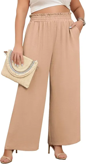 Lastshe Women's Plus Size Wide Leg Pants Elastic Waist Hide Drawstring Loose Work Pants Palazzo Trousers with Pockets