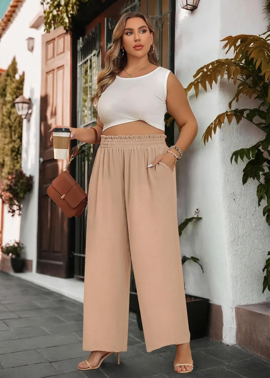 Lastshe Women's Plus Size Wide Leg Pants Elastic Waist Hide Drawstring Loose Work Pants Palazzo Trousers with Pockets