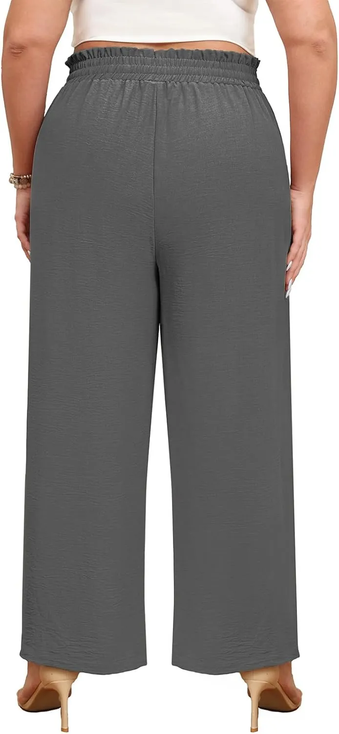 Lastshe Women's Plus Size Wide Leg Pants Elastic Waist Hide Drawstring Loose Work Pants Palazzo Trousers with Pockets