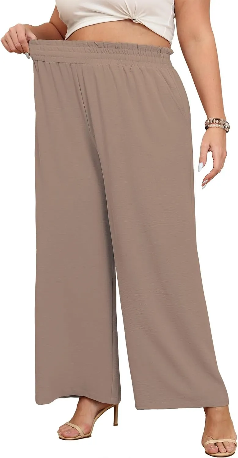 Lastshe Women's Plus Size Wide Leg Pants Elastic Waist Hide Drawstring Loose Work Pants Palazzo Trousers with Pockets