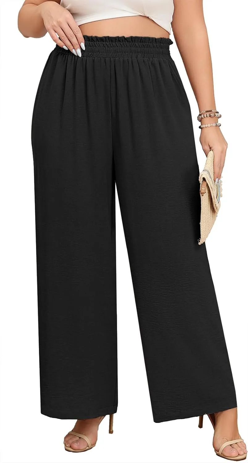 Lastshe Women's Plus Size Wide Leg Pants Elastic Waist Hide Drawstring Loose Work Pants Palazzo Trousers with Pockets