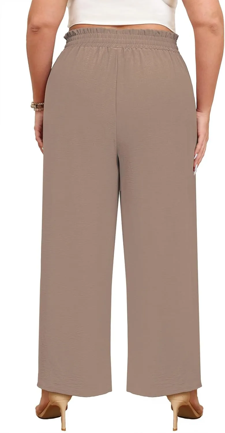 Lastshe Women's Plus Size Wide Leg Pants Elastic Waist Hide Drawstring Loose Work Pants Palazzo Trousers with Pockets