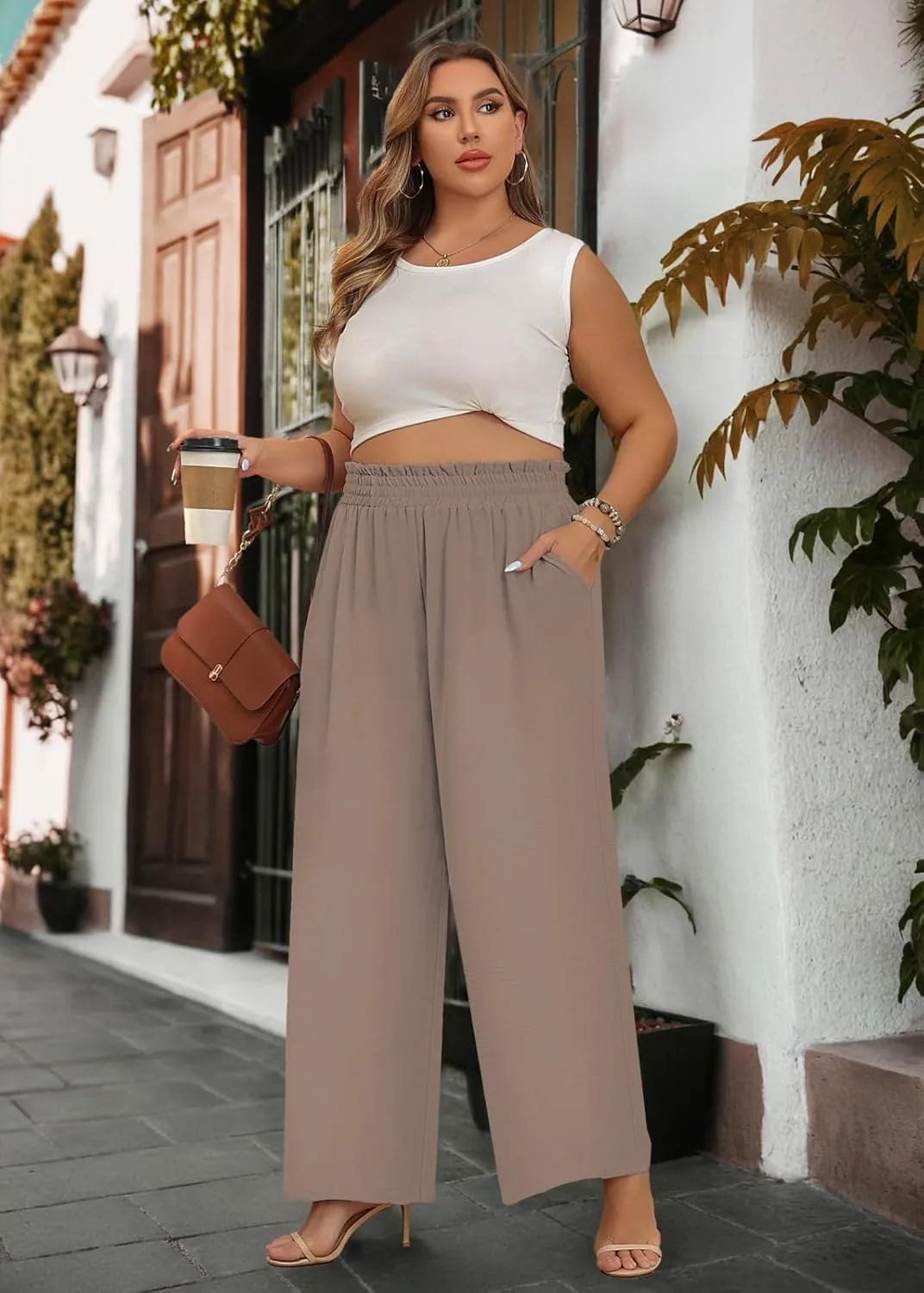 Lastshe Women's Plus Size Wide Leg Pants Elastic Waist Hide Drawstring Loose Work Pants Palazzo Trousers with Pockets