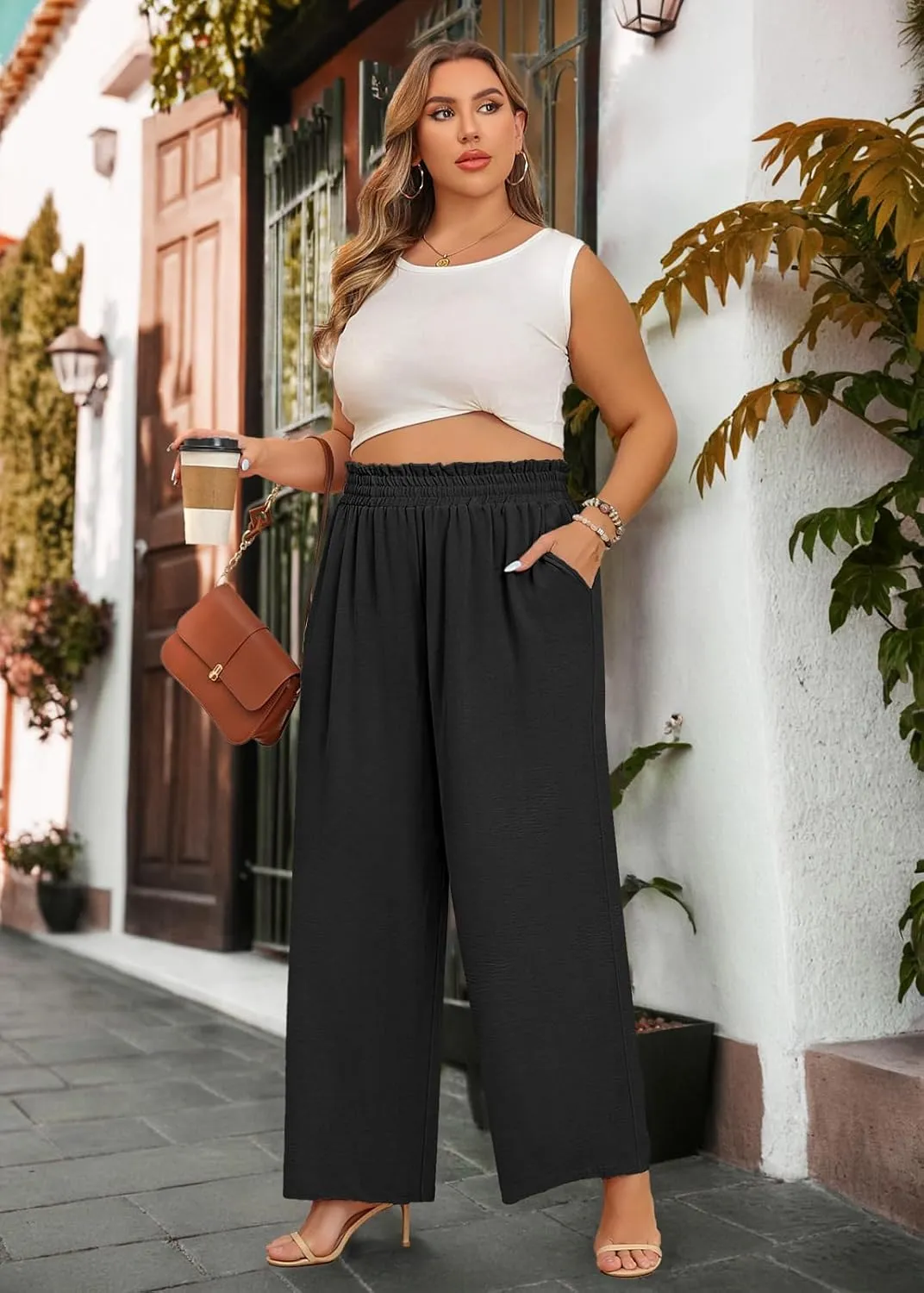 Lastshe Women's Plus Size Wide Leg Pants Elastic Waist Hide Drawstring Loose Work Pants Palazzo Trousers with Pockets