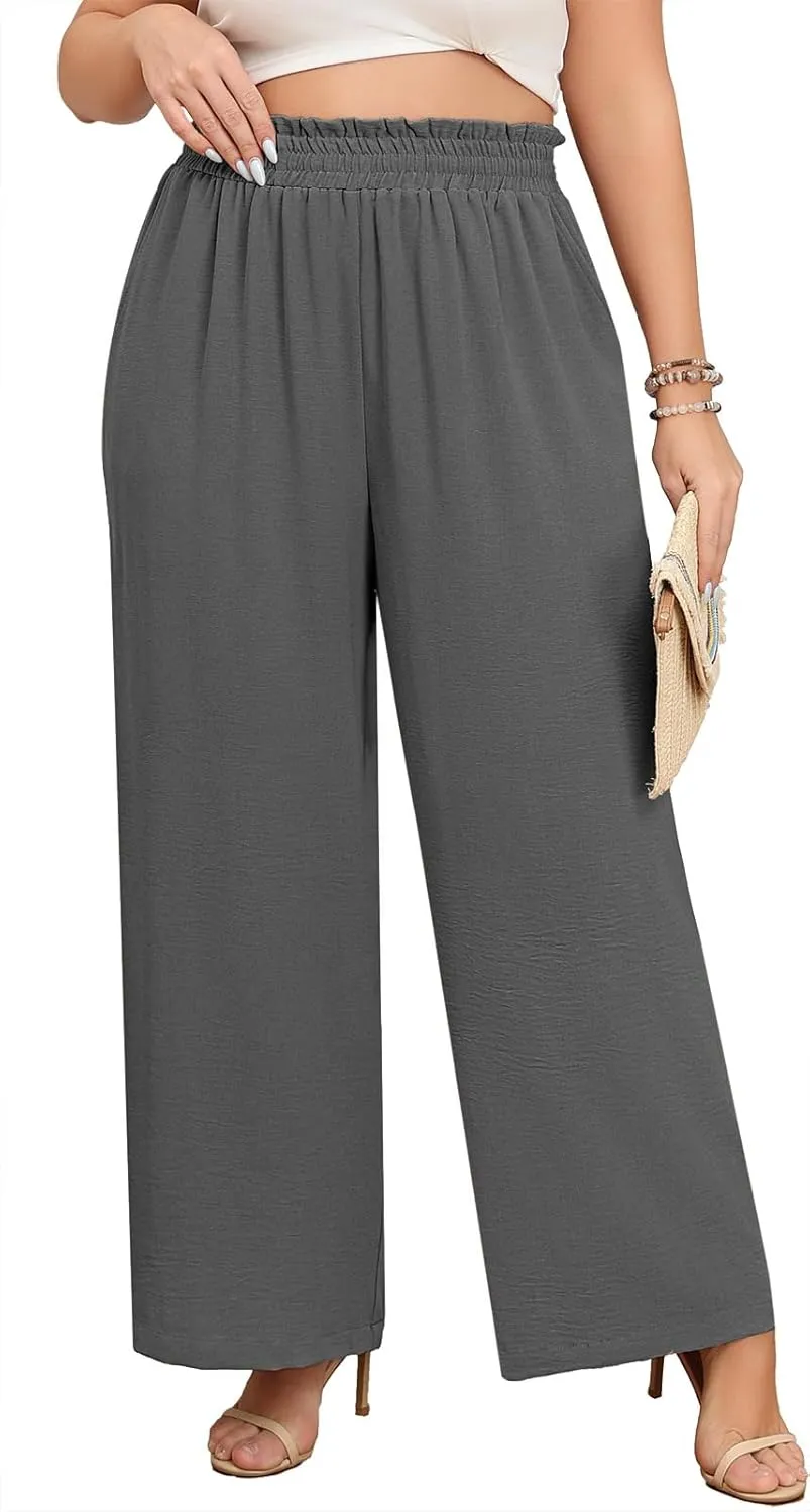 Lastshe Women's Plus Size Wide Leg Pants Elastic Waist Hide Drawstring Loose Work Pants Palazzo Trousers with Pockets