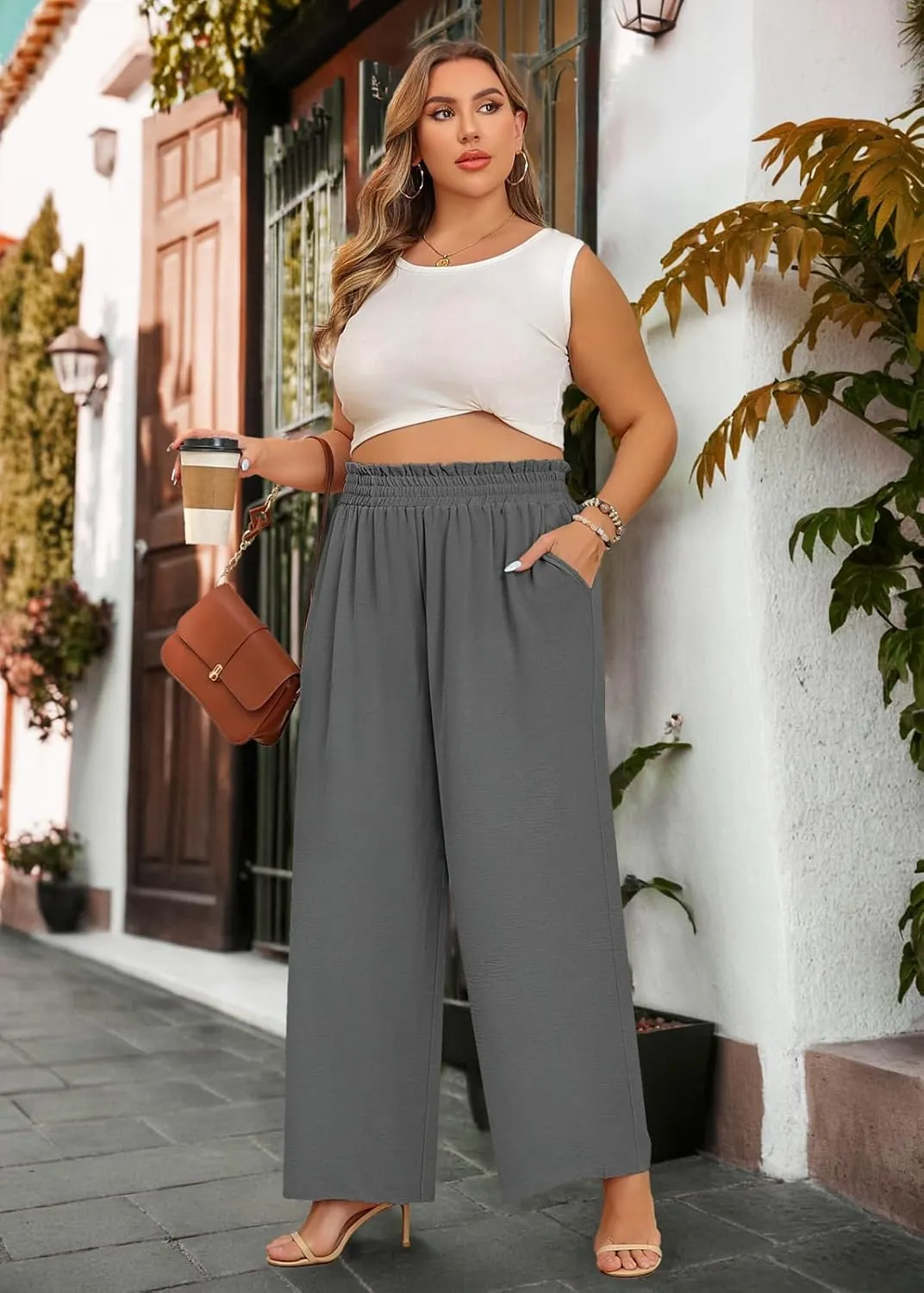 Lastshe Women's Plus Size Wide Leg Pants Elastic Waist Hide Drawstring Loose Work Pants Palazzo Trousers with Pockets