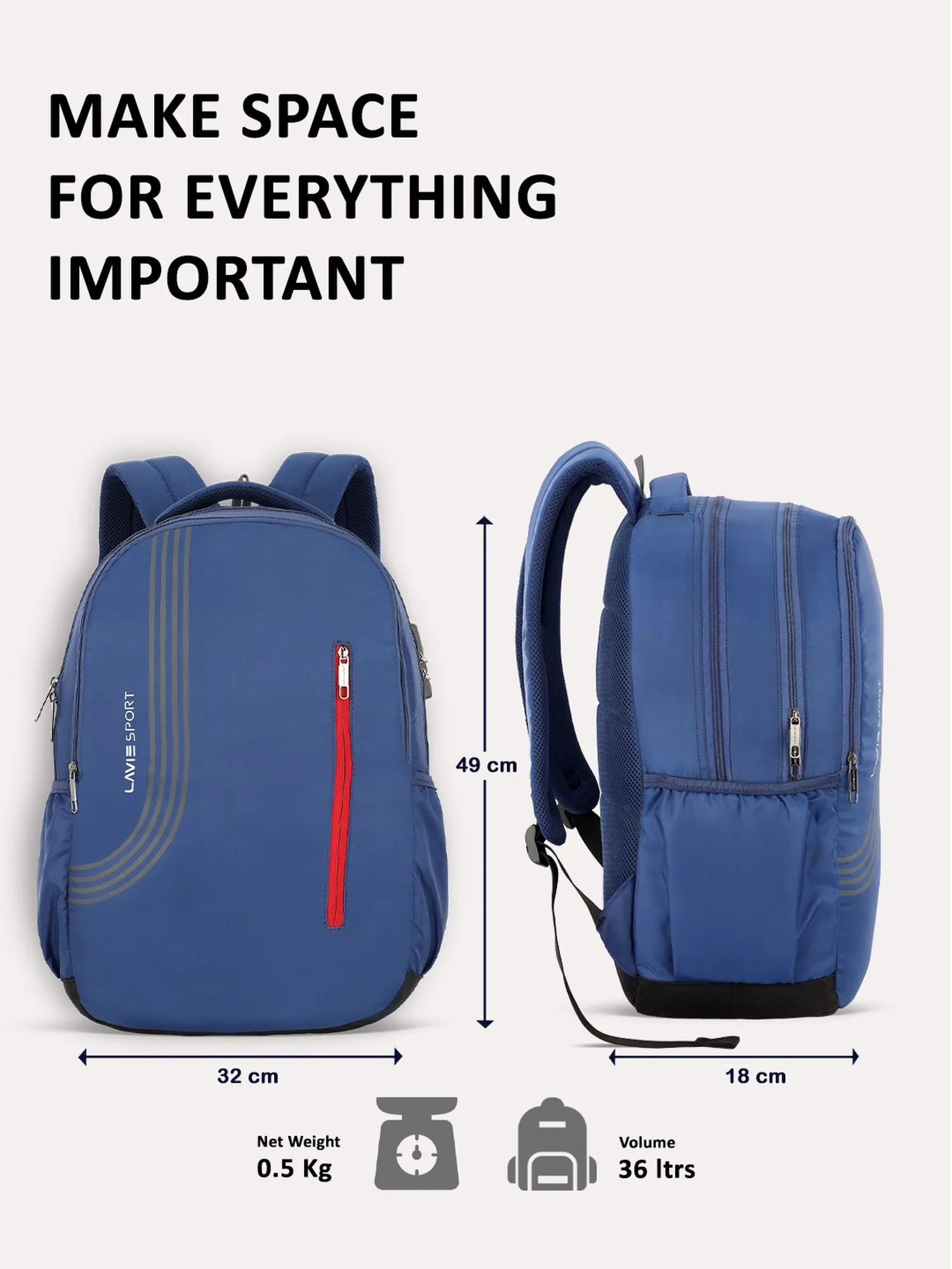 Lavie Sport Golf 36L Anti-theft Laptop Backpack For Men & Women | Laptop Bag For Boys & Girls Navy