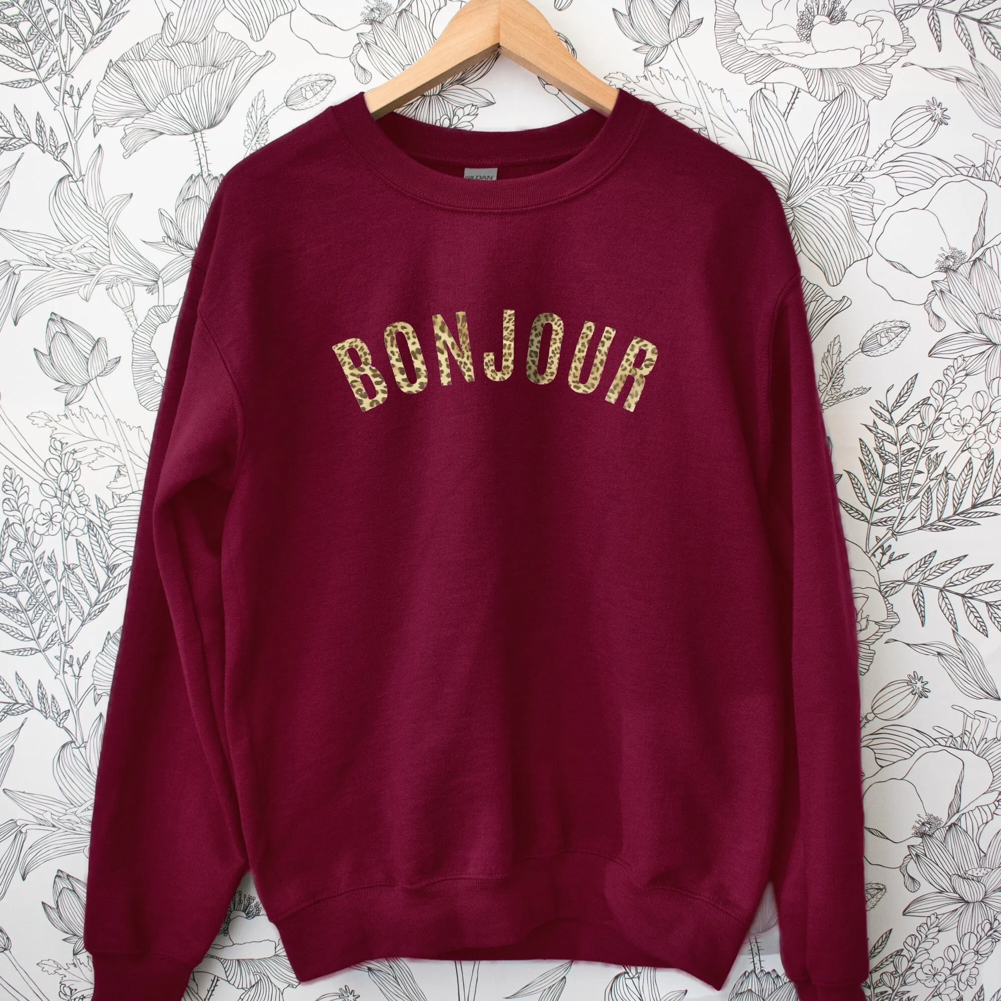 Leopard Print Bonjour Burgundy Sweatshirt