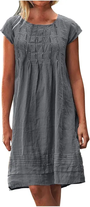 Linen Dress for Women 2024 Pleated Summer Casual Dresses Round Neck Short Sleeve Beach Sundress Vacation Mini Dress