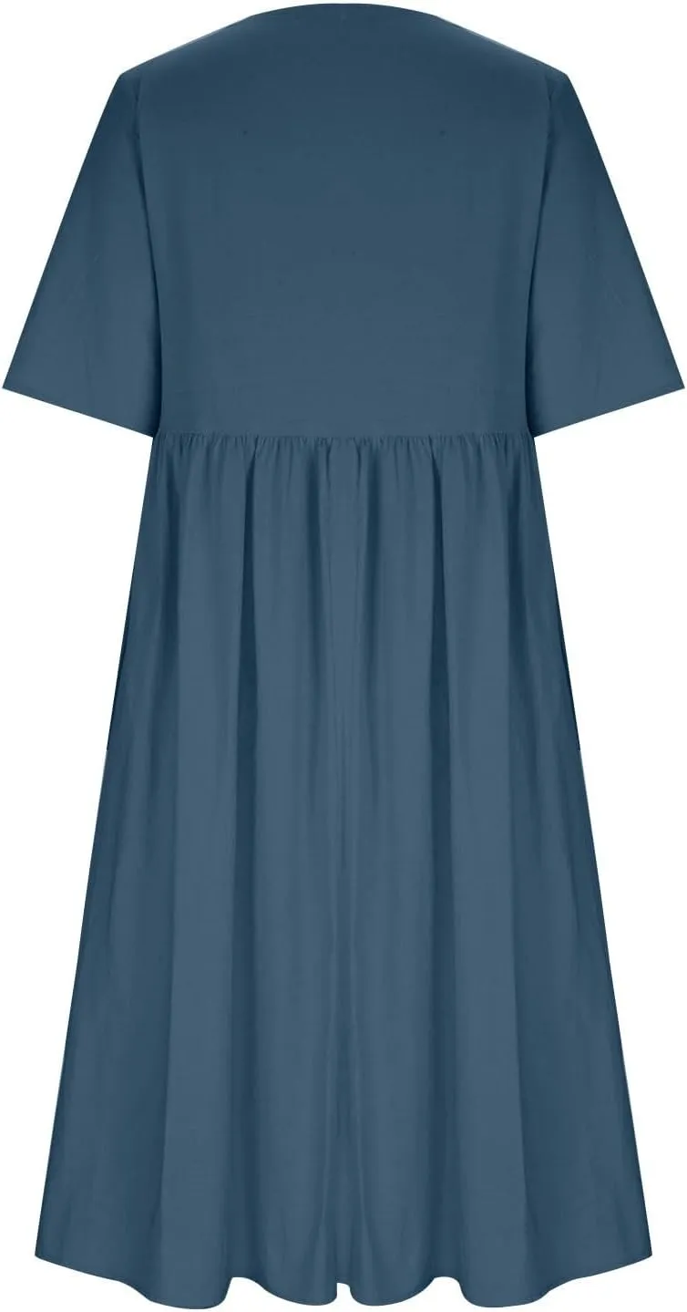 Linen Dress for Women 2025 Casual Short Sleeve Round Neck Midi Dress Summer Beach Vacation Dresses with Pockets