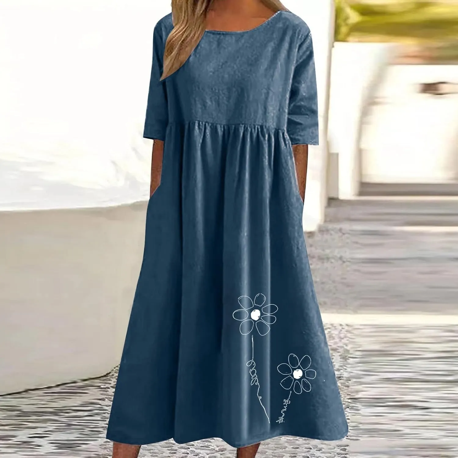 Linen Dress for Women 2025 Casual Short Sleeve Round Neck Midi Dress Summer Beach Vacation Dresses with Pockets
