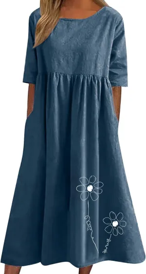 Linen Dress for Women 2025 Casual Short Sleeve Round Neck Midi Dress Summer Beach Vacation Dresses with Pockets