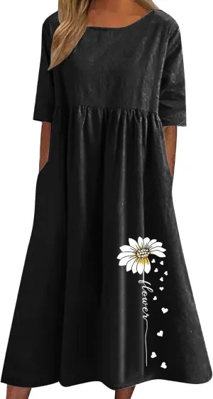 Linen Dress for Women 2025 Casual Short Sleeve Round Neck Midi Dress Summer Beach Vacation Dresses with Pockets