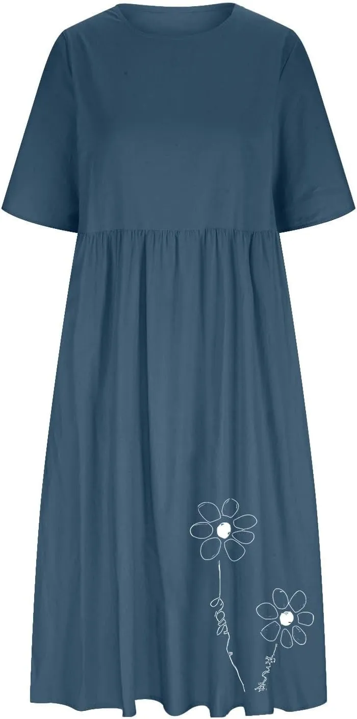 Linen Dress for Women 2025 Casual Short Sleeve Round Neck Midi Dress Summer Beach Vacation Dresses with Pockets