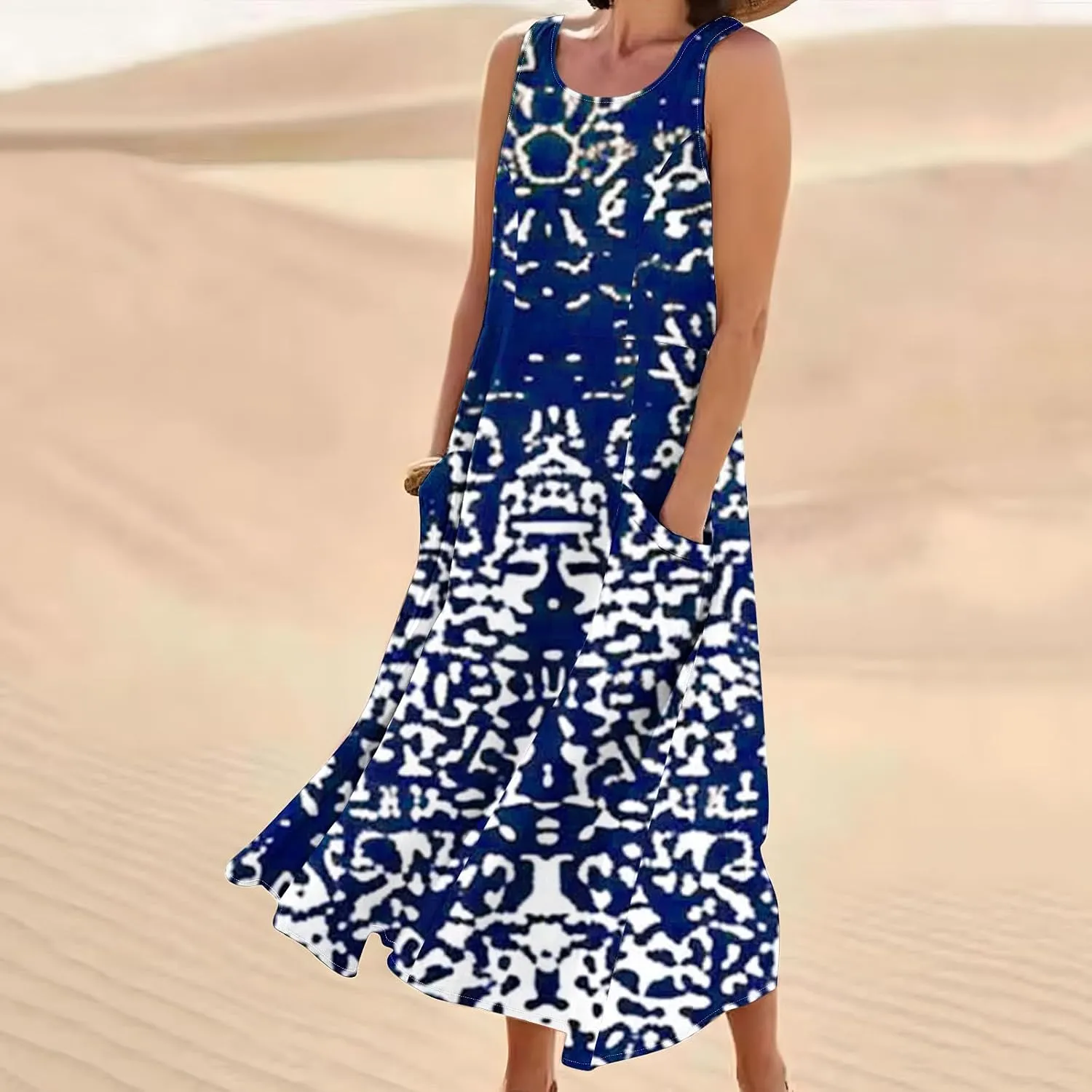 Linen Dress for Women Casual Cocktail Dresses Summer Sleeveless Cotton Linen Pocket Dress Loose Fit Beach Sundresses