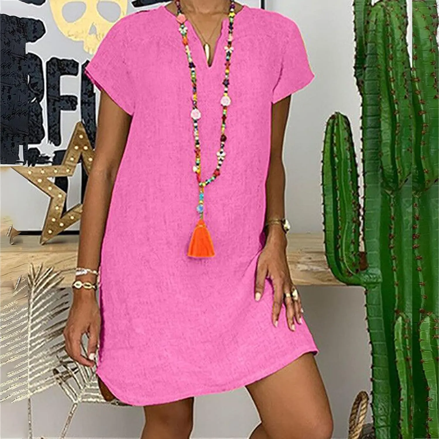 Linen Dress for Women Summer Dresses V Neck Cap Sleeve Sundress Beach Vacation Soft Plus Size Casual Mini Dress 2024
