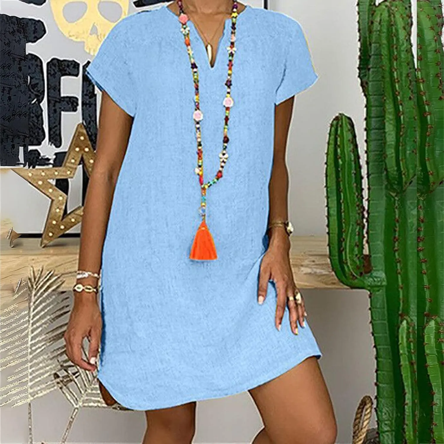 Linen Dress for Women Summer Dresses V Neck Cap Sleeve Sundress Beach Vacation Soft Plus Size Casual Mini Dress 2024