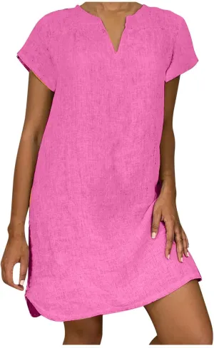 Linen Dress for Women Summer Dresses V Neck Cap Sleeve Sundress Beach Vacation Soft Plus Size Casual Mini Dress 2024