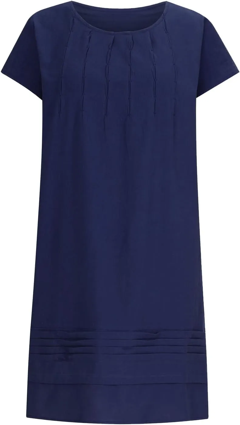Linen Dress for Women Summer Pleated a Line Travel Sundress Crewneck Short Sleeve Dresses Vacation Casual Dress 2025