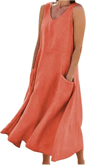 Linen Dress Women 2025 Sleeveless Cotton Linen Maxi Dresses Plus Size Flowy Tank Sundress Beach Vacation Outfits