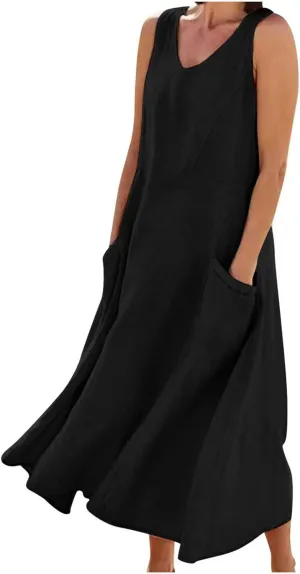 Linen Dress Women 2025 Sleeveless Cotton Linen Maxi Dresses Plus Size Flowy Tank Sundress Beach Vacation Outfits