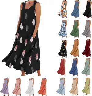 Linen Dress Women 2025 Sleeveless Cotton Linen Maxi Dresses Plus Size Flowy Tank Sundress Beach Vacation Outfits