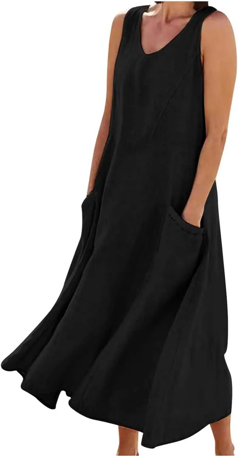 Linen Dress Women 2025 Sleeveless Cotton Linen Maxi Dresses Plus Size Flowy Tank Sundress Beach Vacation Outfits