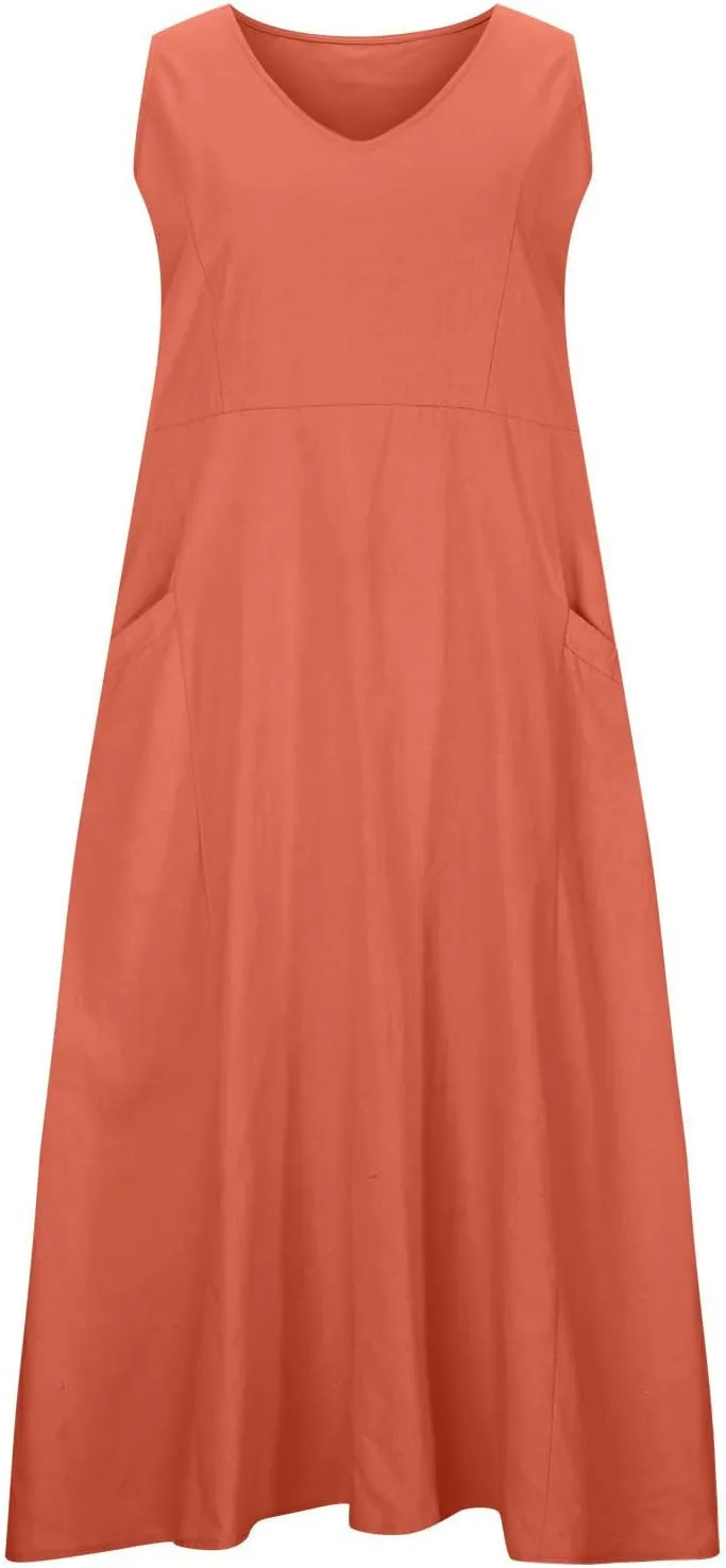 Linen Dress Women 2025 Sleeveless Cotton Linen Maxi Dresses Plus Size Flowy Tank Sundress Beach Vacation Outfits