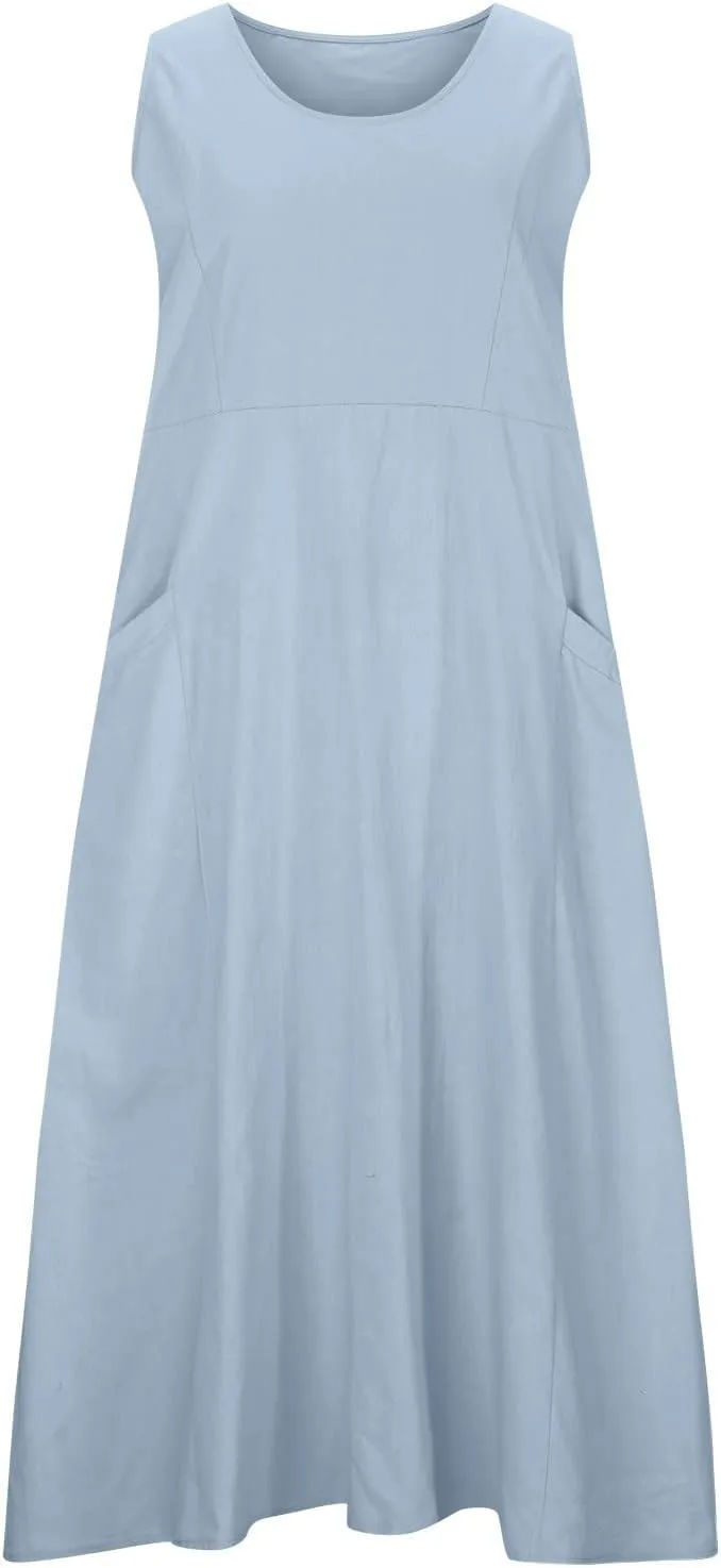 Linen Dress Women 2025 Sleeveless Cotton Linen Maxi Dresses Plus Size Flowy Tank Sundress Beach Vacation Outfits