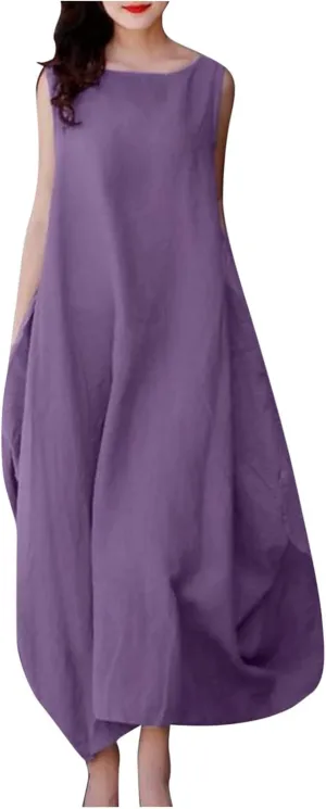 Linen Dress Women Long Sleeveless Solid Color Summer Loose Maxi Dresses Fashion Crew Neck Comfy Vacation Dress 2025