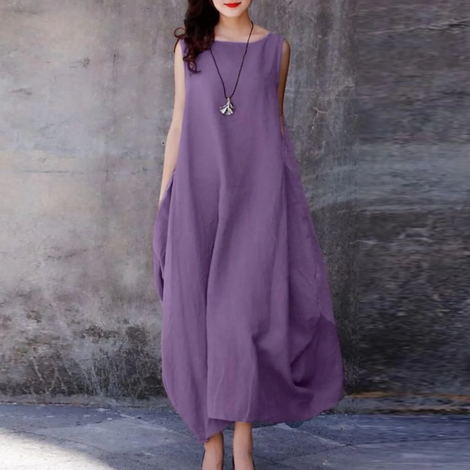 Linen Dress Women Long Sleeveless Solid Color Summer Loose Maxi Dresses Fashion Crew Neck Comfy Vacation Dress 2025