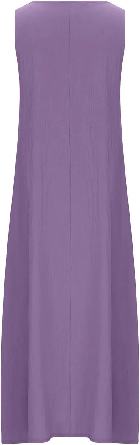 Linen Dress Women Long Sleeveless Solid Color Summer Loose Maxi Dresses Fashion Crew Neck Comfy Vacation Dress 2025