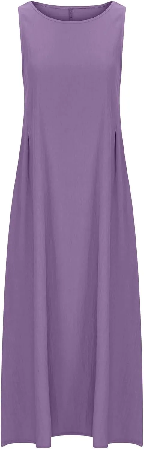 Linen Dress Women Long Sleeveless Solid Color Summer Loose Maxi Dresses Fashion Crew Neck Comfy Vacation Dress 2025