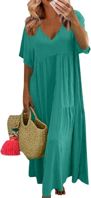 Linen Dress Women Summer Short Sleeve V Neck Plus Size Maxi Dress Casual Flowy Loose Long Vacation Beach Dresses
