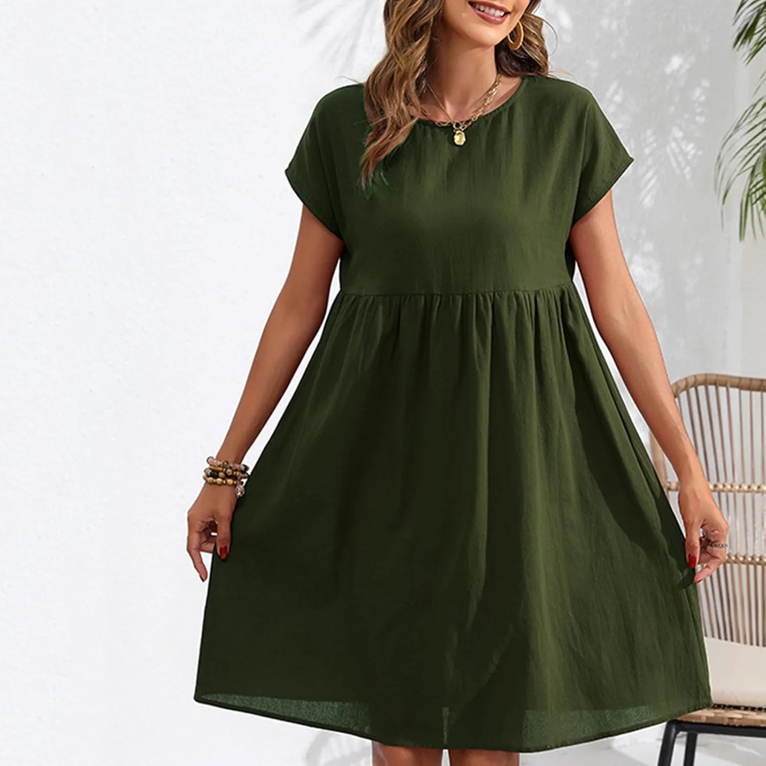 Linen Dresses for Women 2025 Casual Loose Round Neck Short Sleeve Sundress Fashion Solid Pleated Summer Dress