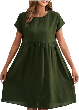Linen Dresses for Women 2025 Casual Loose Round Neck Short Sleeve Sundress Fashion Solid Pleated Summer Dress