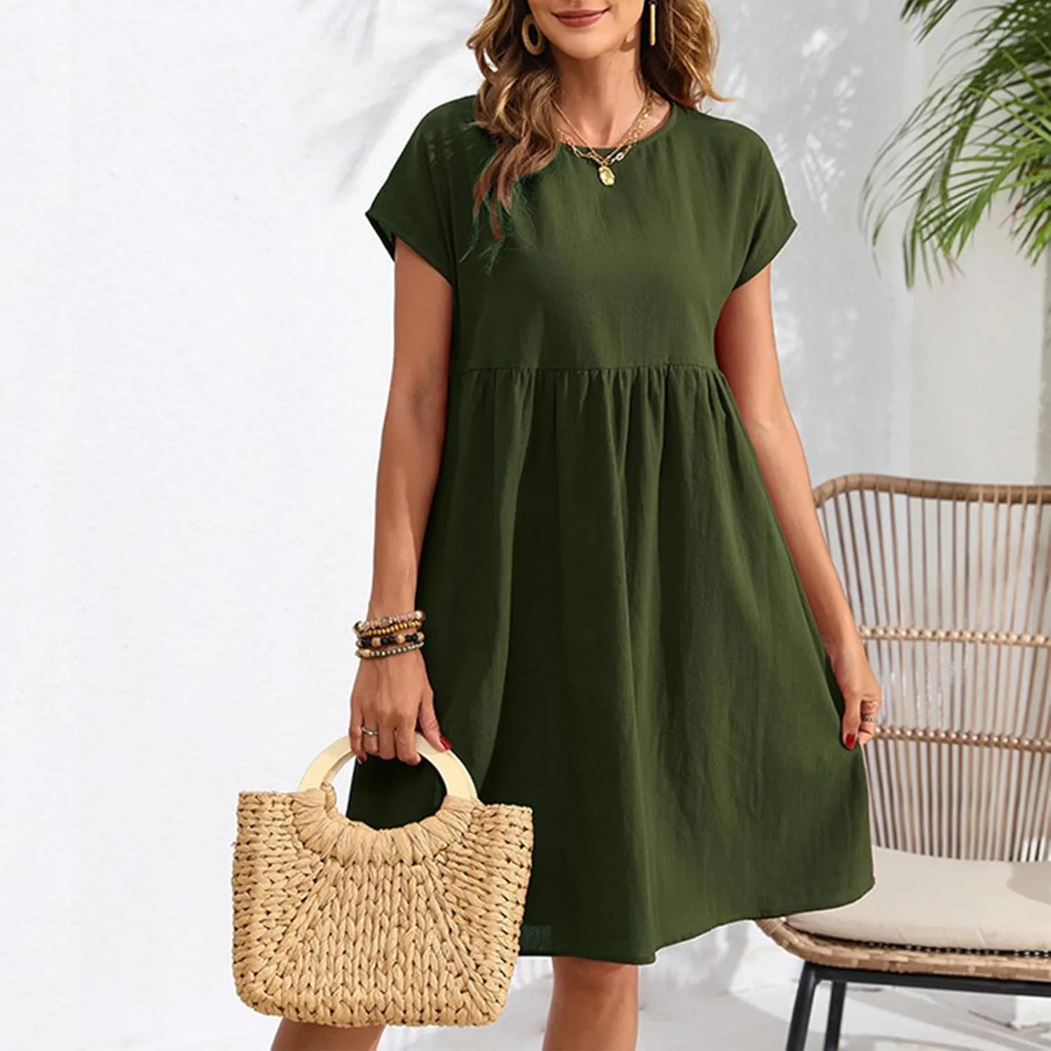 Linen Dresses for Women 2025 Casual Loose Round Neck Short Sleeve Sundress Fashion Solid Pleated Summer Dress