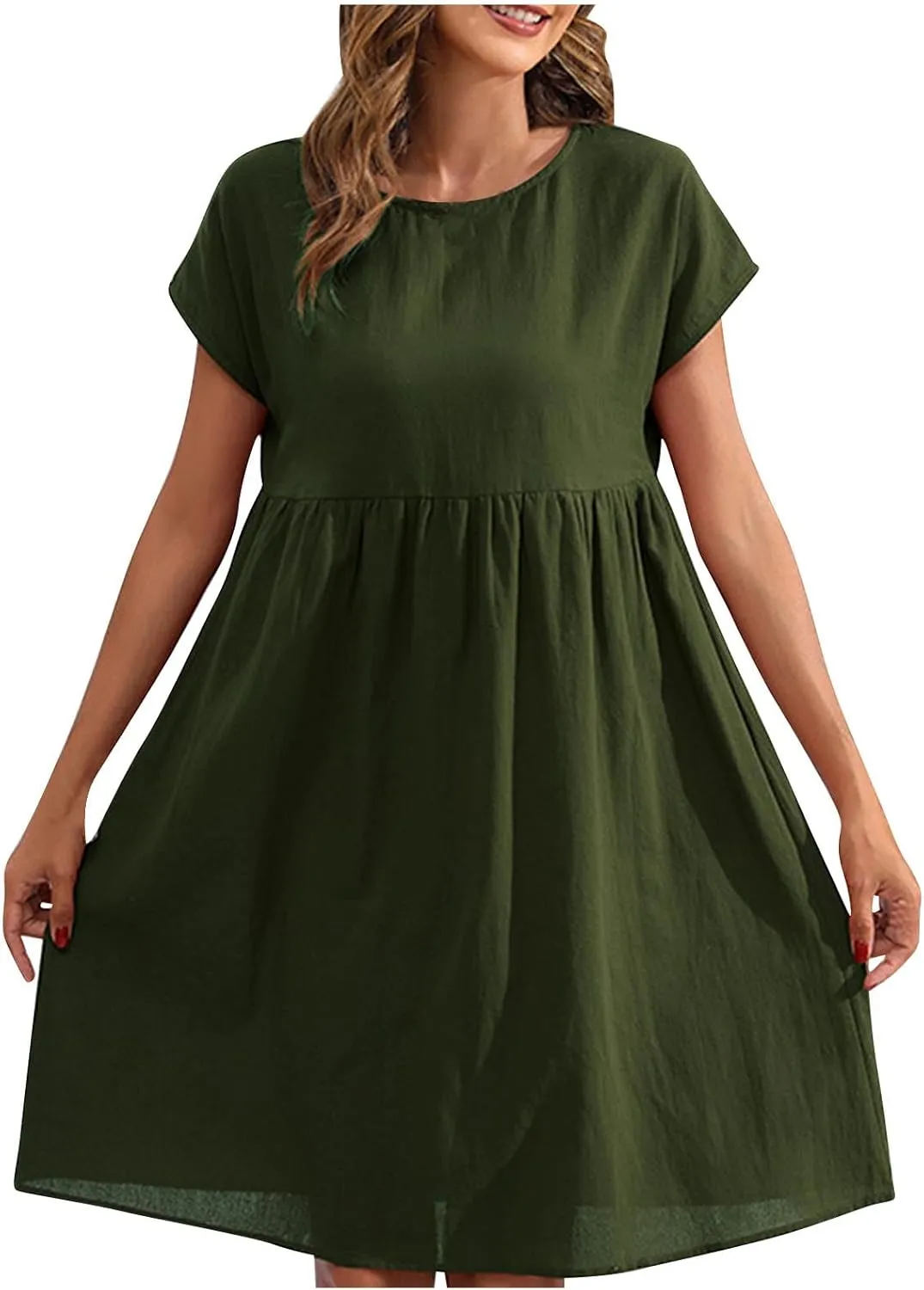 Linen Dresses for Women 2025 Casual Loose Round Neck Short Sleeve Sundress Fashion Solid Pleated Summer Dress