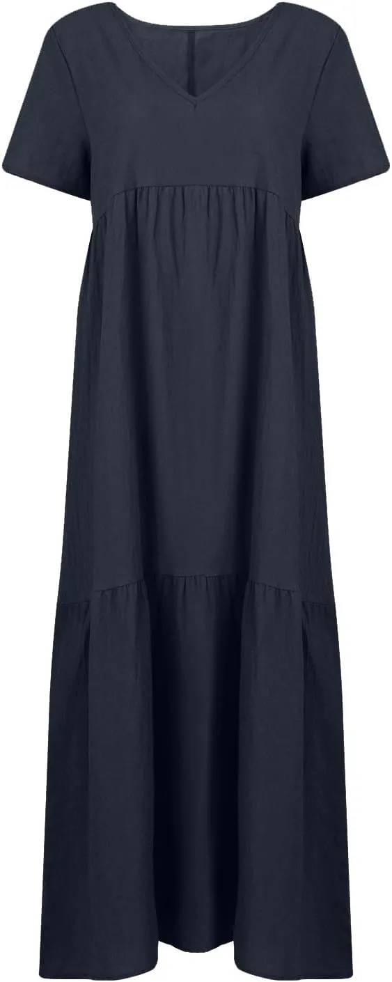 Linen Dresses for Women 2025 Casual Short Sleeve V Neck Pastel Flowy Maxi Dress Comfy Beach Plus Size Summer Dresses