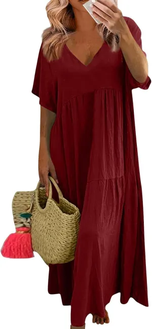Linen Dresses for Women 2025 Casual Short Sleeve V Neck Pastel Flowy Maxi Dress Comfy Beach Plus Size Summer Dresses