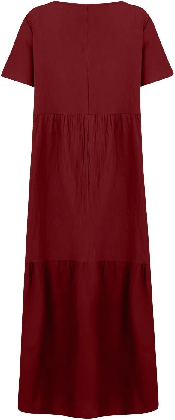 Linen Dresses for Women 2025 Casual Short Sleeve V Neck Pastel Flowy Maxi Dress Comfy Beach Plus Size Summer Dresses