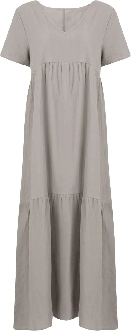 Linen Dresses for Women 2025 Casual Short Sleeve V Neck Pastel Flowy Maxi Dress Comfy Beach Plus Size Summer Dresses