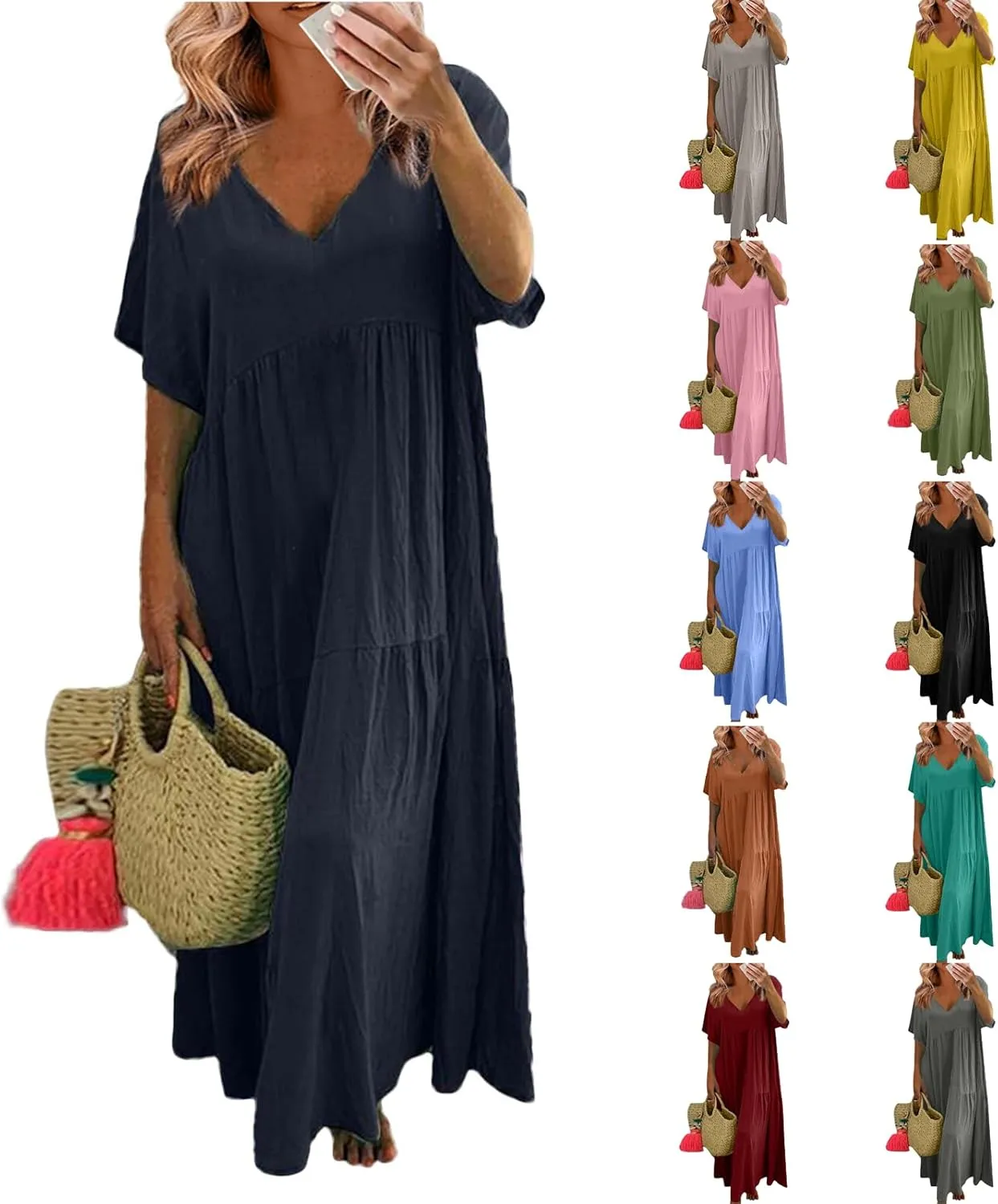 Linen Dresses for Women 2025 Casual Short Sleeve V Neck Pastel Flowy Maxi Dress Comfy Beach Plus Size Summer Dresses
