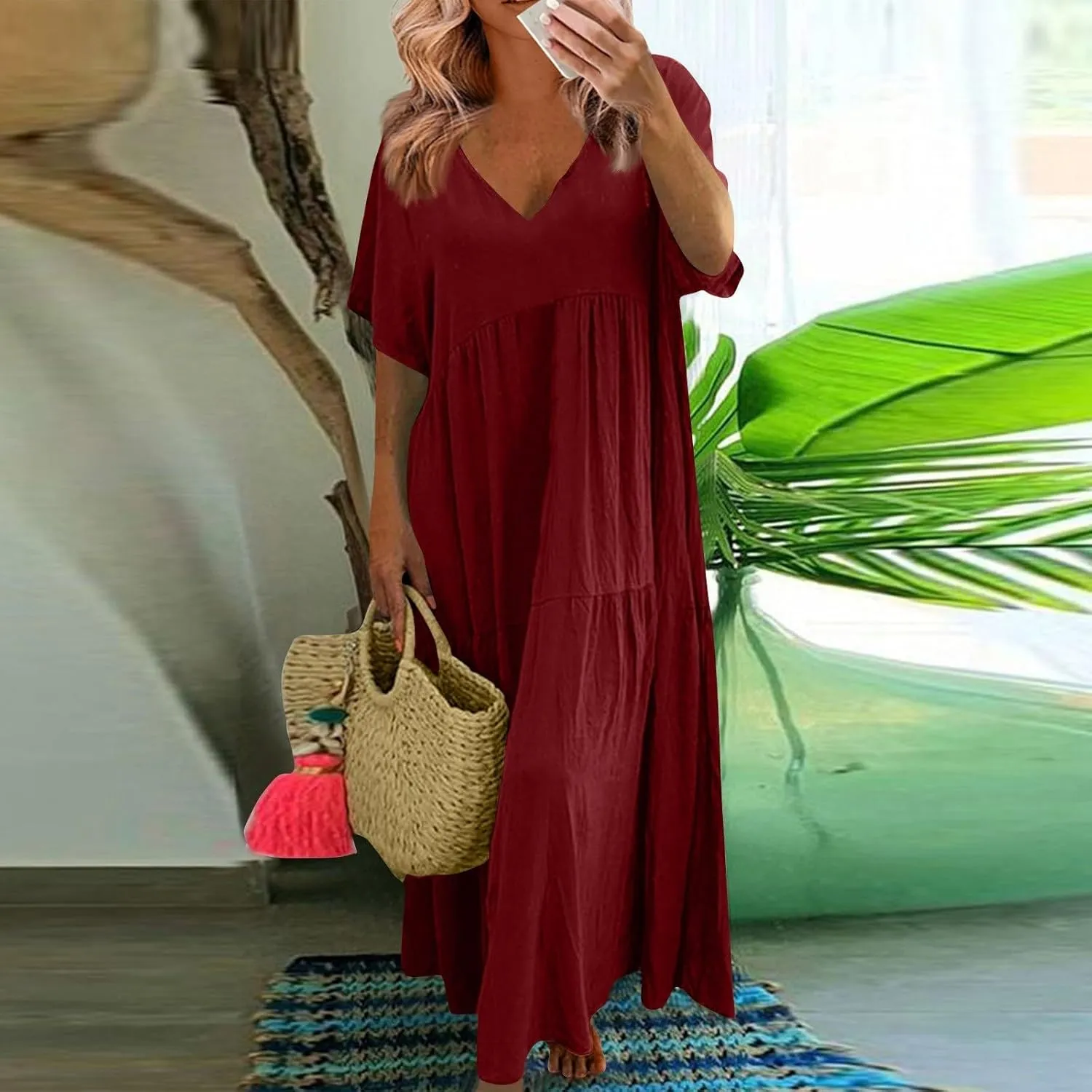 Linen Dresses for Women 2025 Casual Short Sleeve V Neck Pastel Flowy Maxi Dress Comfy Beach Plus Size Summer Dresses