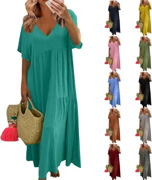 Linen Dresses for Women 2025 Casual Short Sleeve V Neck Pastel Flowy Maxi Dress Comfy Beach Plus Size Summer Dresses
