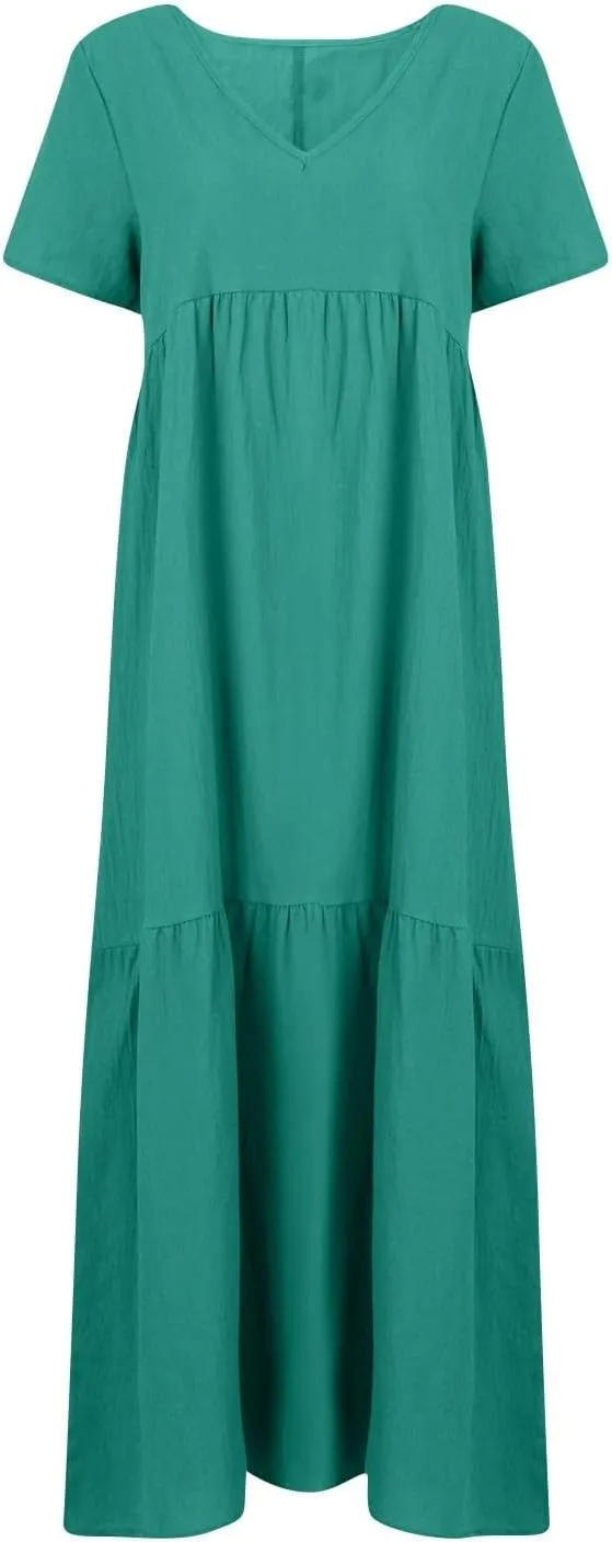 Linen Dresses for Women 2025 Casual Short Sleeve V Neck Pastel Flowy Maxi Dress Comfy Beach Plus Size Summer Dresses