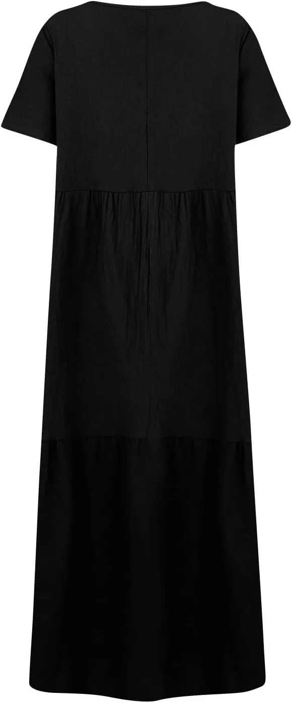 Linen Dresses for Women 2025 Casual Short Sleeve V Neck Pastel Flowy Maxi Dress Comfy Beach Plus Size Summer Dresses