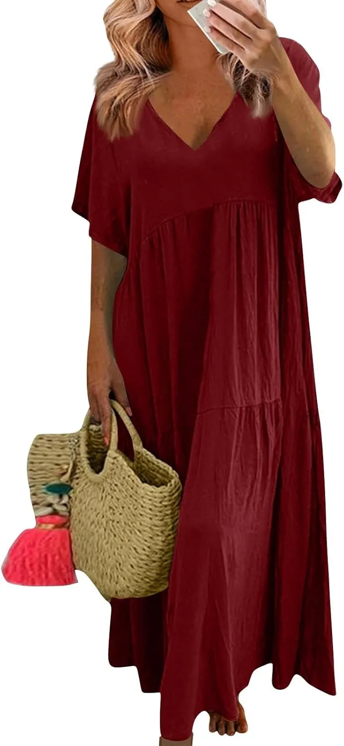 Linen Dresses for Women 2025 Casual Short Sleeve V Neck Pastel Flowy Maxi Dress Comfy Beach Plus Size Summer Dresses