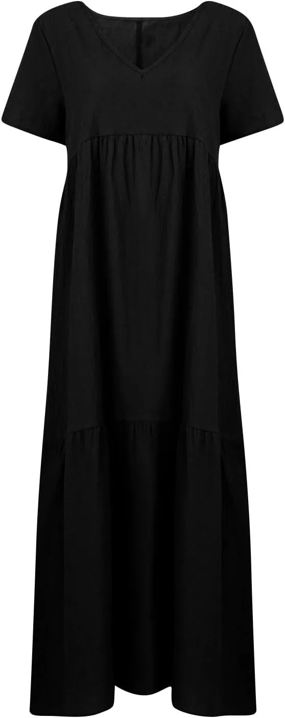 Linen Dresses for Women 2025 Casual Short Sleeve V Neck Pastel Flowy Maxi Dress Comfy Beach Plus Size Summer Dresses