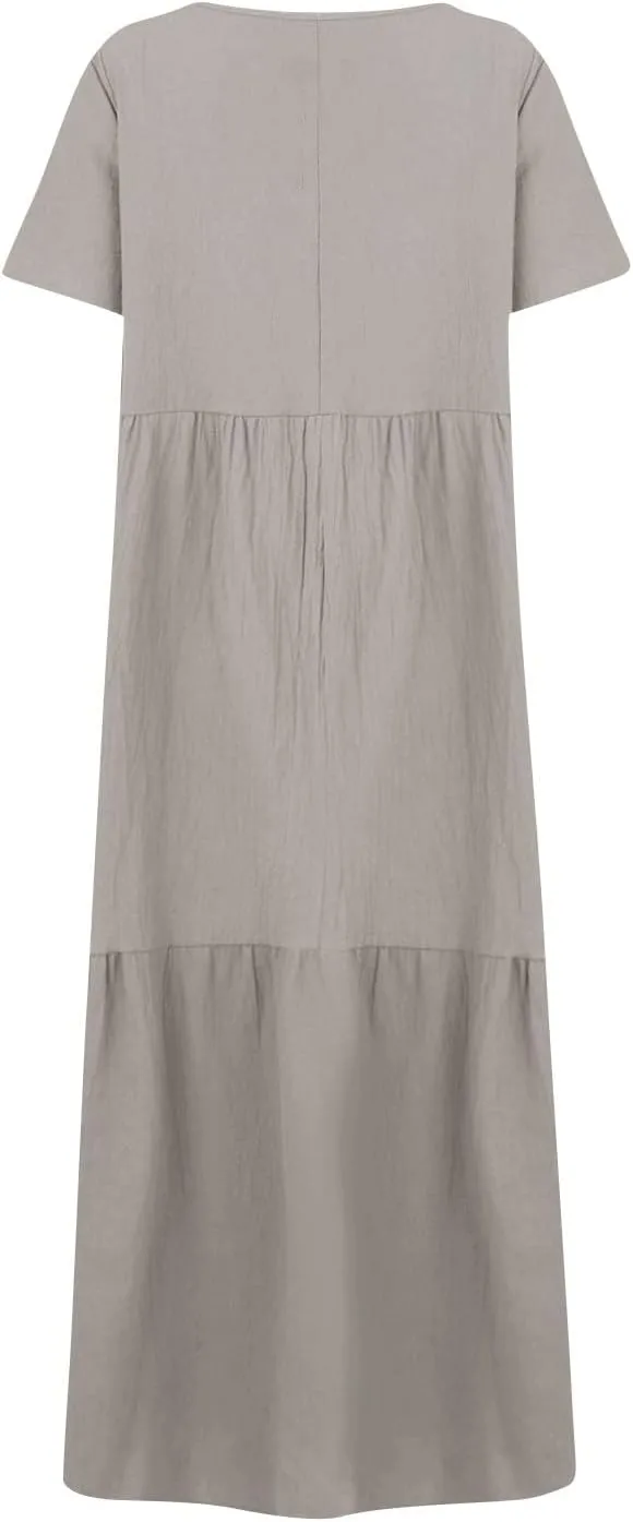 Linen Dresses for Women 2025 Casual Short Sleeve V Neck Pastel Flowy Maxi Dress Comfy Beach Plus Size Summer Dresses